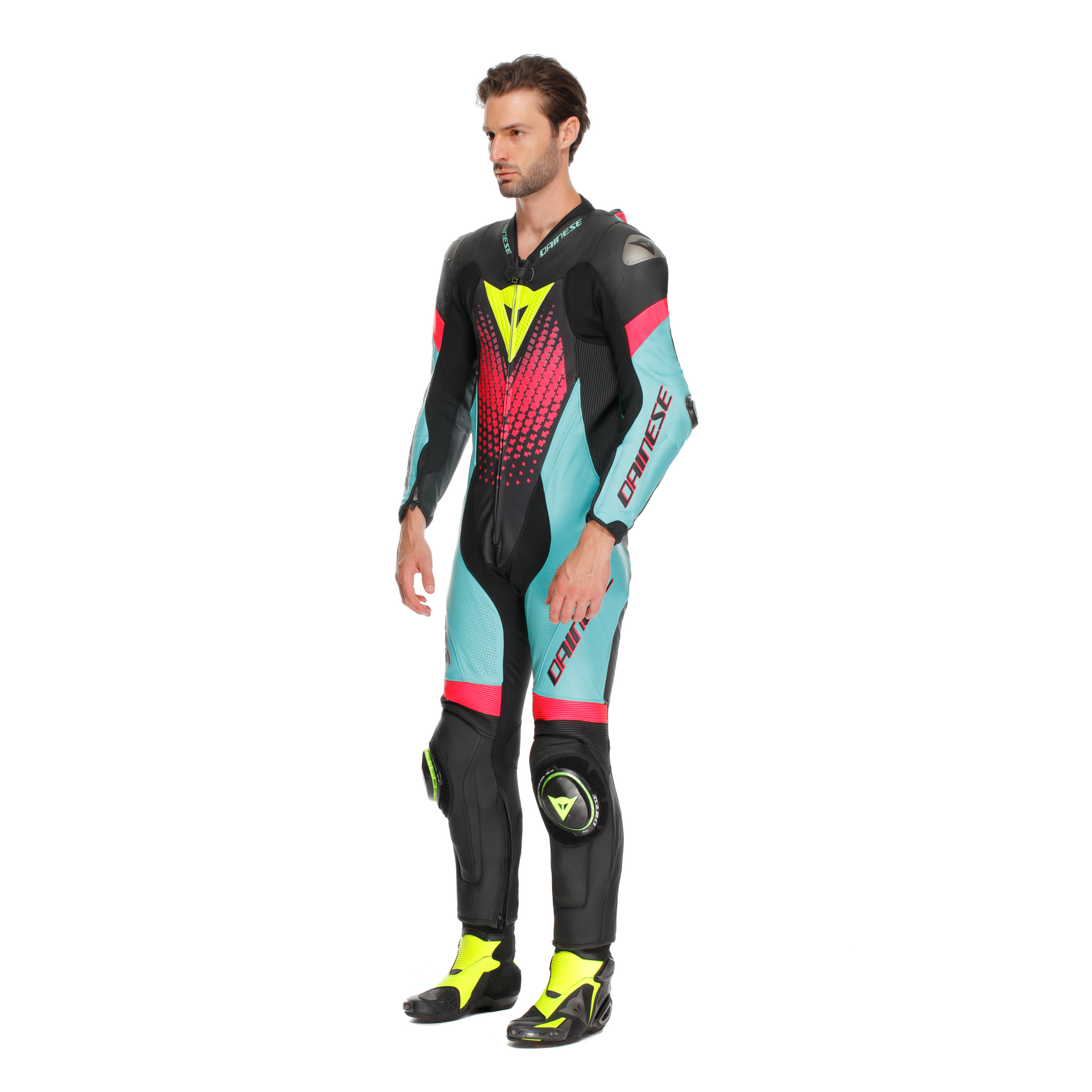 Dainese Laguna Seca 6 Mono de cuero – Traje de carreras perforado | Hombre | Turquesa/Rosa/Amarillo neón 