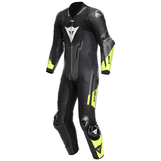 Dainese Misano 3 D-AIR® Mono de cuero – Traje de carreras con airbag perforado | Hombre | Negro/Amarillo neón 