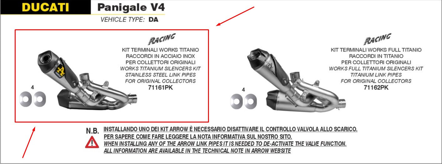 Sistema de escape semi-completo Arrow de acero inoxidable para Ducati Panigale V4/S/R (18-24) 71161PK 