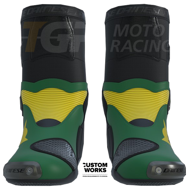Botas de moto de carreras y calle Dainese Axial 2 | Hombre | Verde bosque / Amarillo | Custom Works 