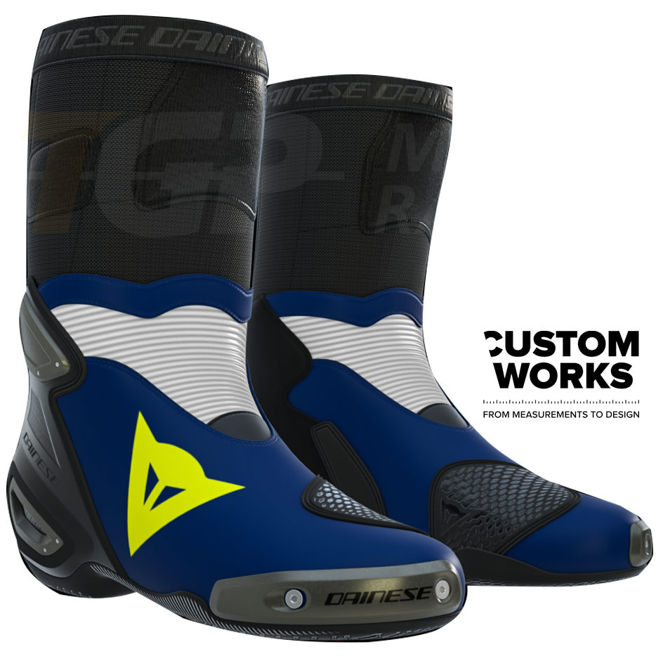 Botas de motocicleta de carreras y calle Dainese Axial 2 | Hombre | Azul Yamaha / Blanco | Amarillo flúor | Custom Works 