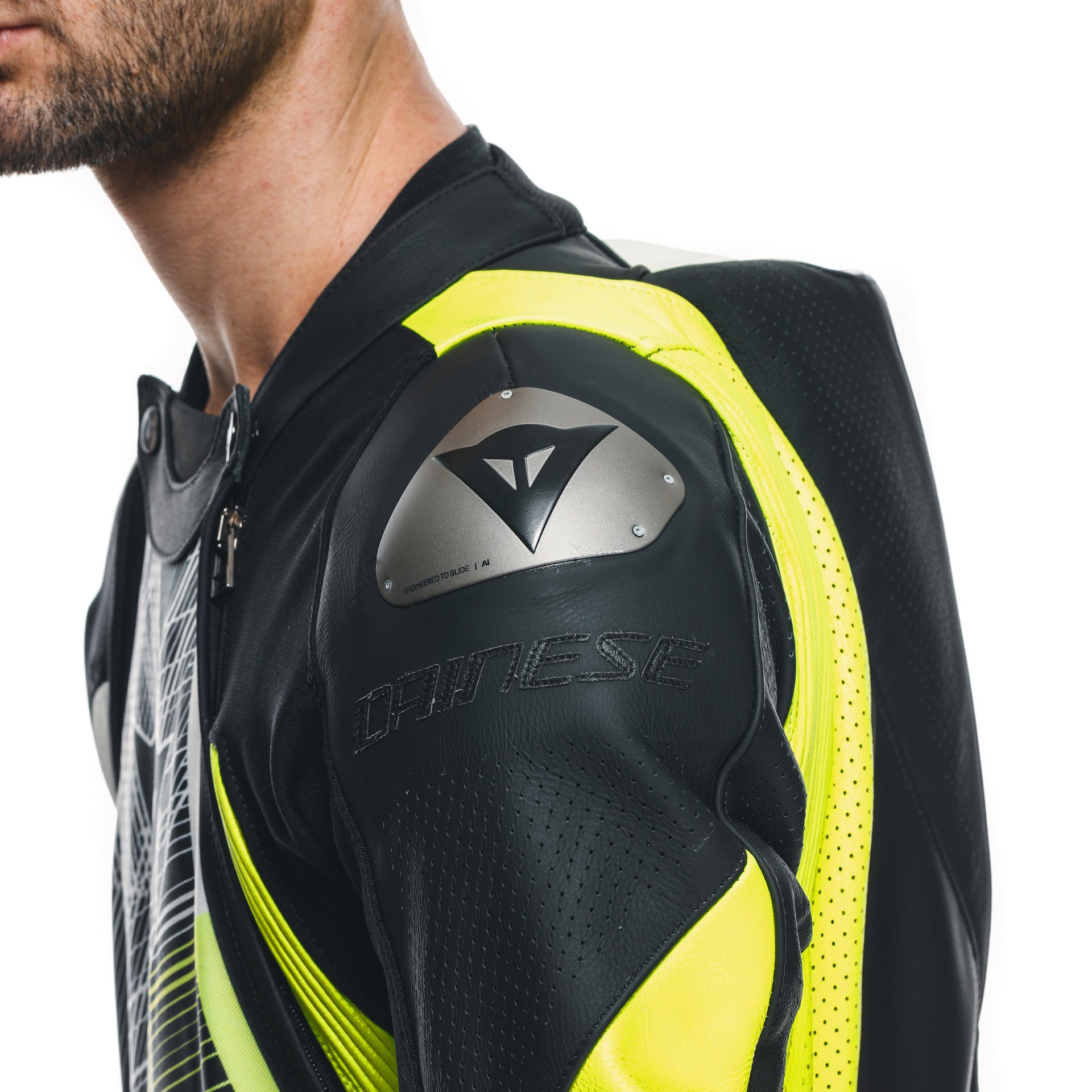 Dainese Audax D-ZIP Mono de cuero – Traje de carreras perforado | Hombre | Negro/Amarillo Neón 