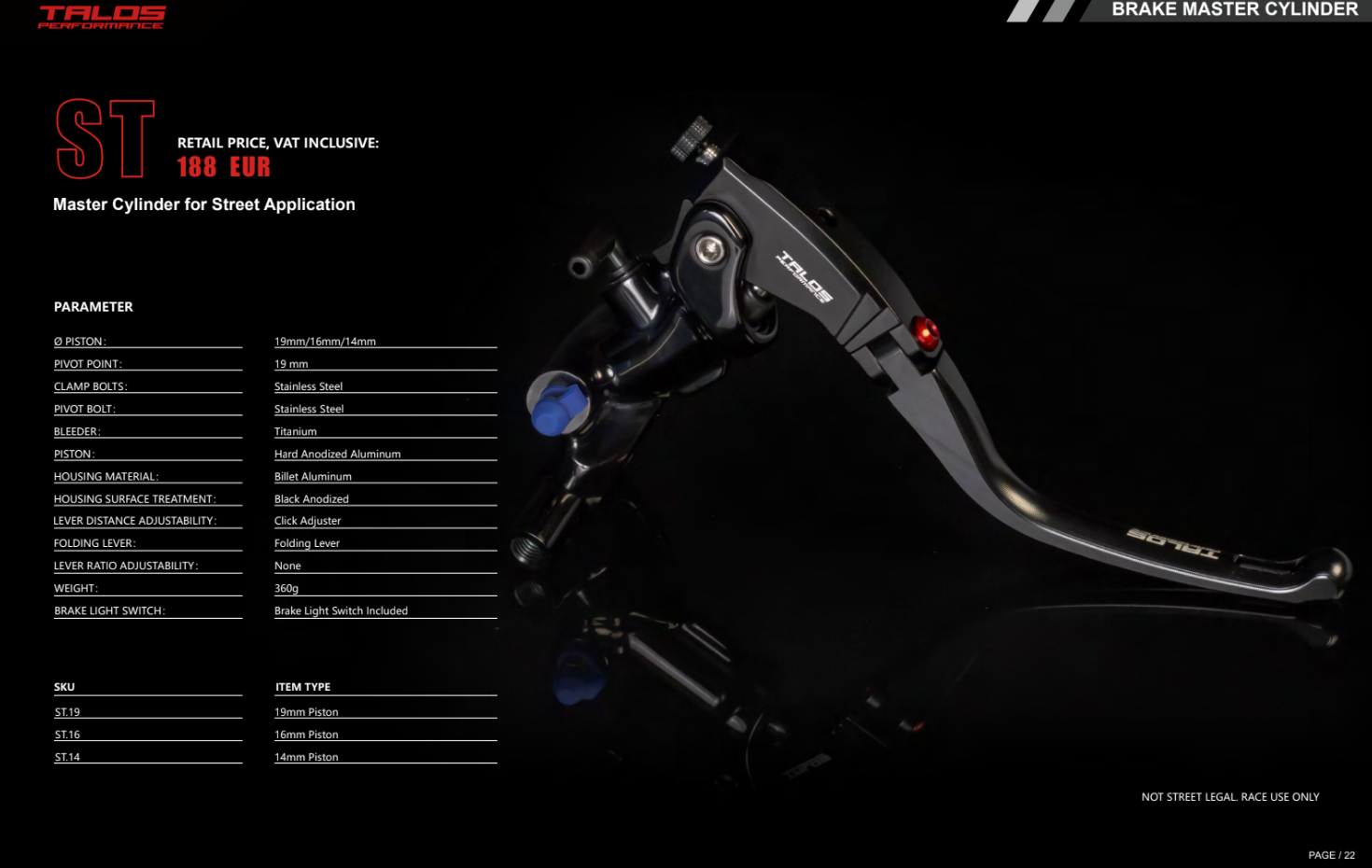 Talos CNC ST Radial Racing Bomba de freno 19mm| ST.19 