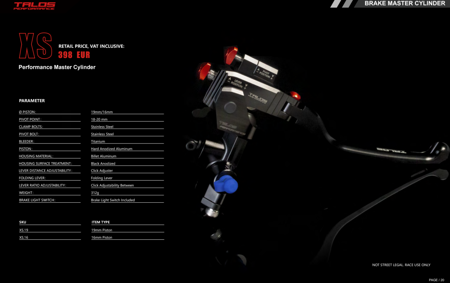 Talos CNC XS Radial Racing Bomba de freno 19x18-20 | XS.19 