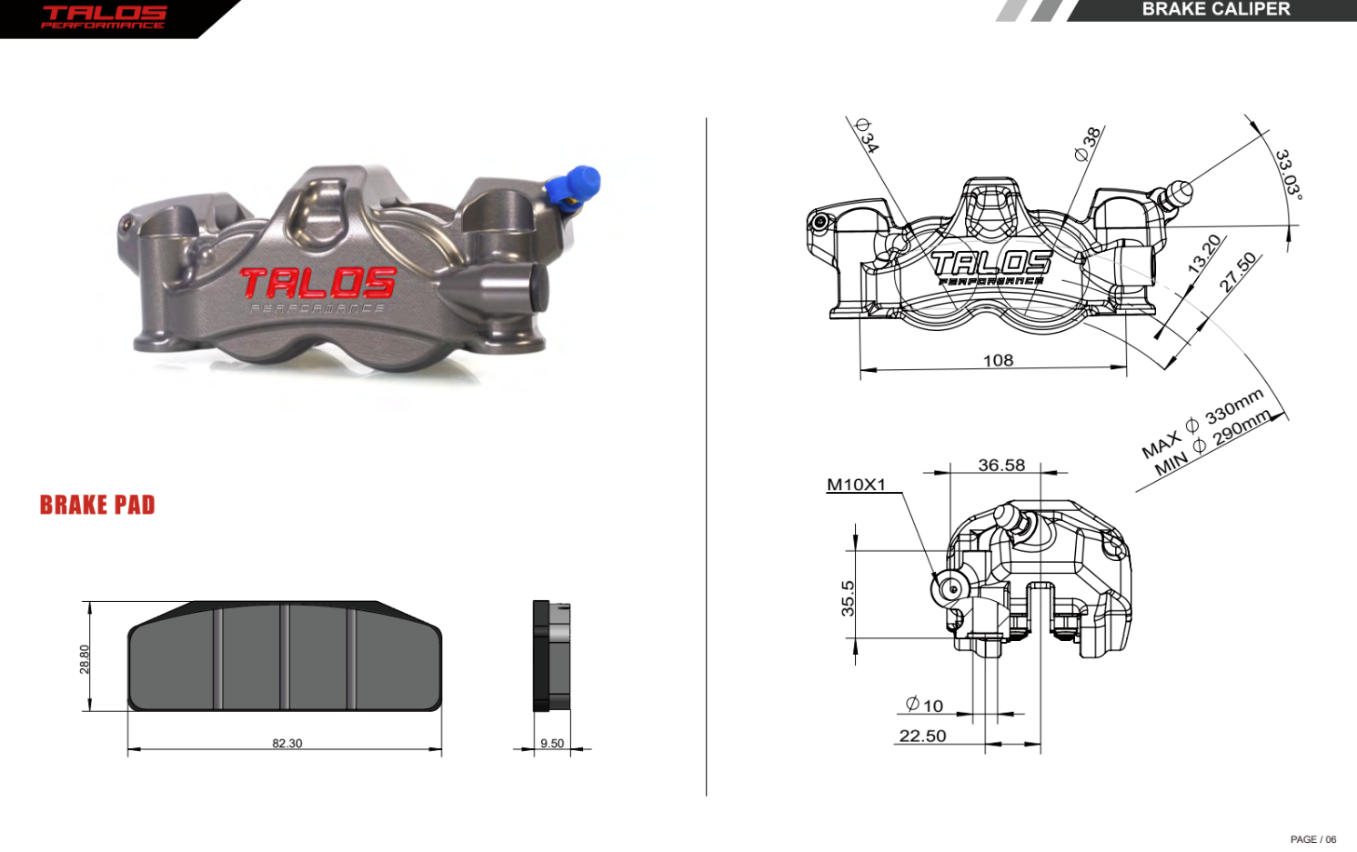 Talos X80 SBK Racing Monoblock P4 34/38 108mm pinza de freno delantera izquierda | X80.108.HD.L 