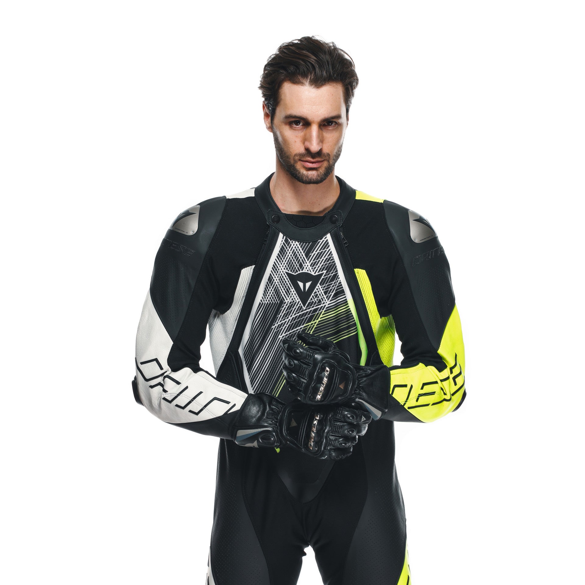 Dainese Audax D-ZIP Mono de cuero – Traje de carreras perforado | Hombre | Negro/Amarillo Neón 