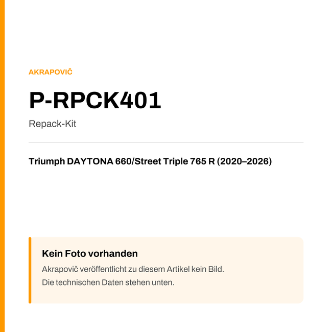 Akrapovic Repack-Kit Triumph DAYTONA 660 / Street Triple 765 R (20-26) P-RPCK401 — Platzhalter, kein Herstellerfoto verfügbar
