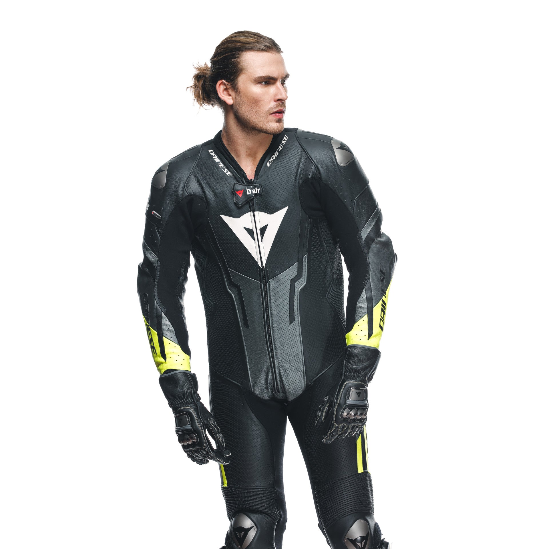 Dainese Misano 3 D-AIR® Mono de cuero – Traje de carreras con airbag perforado | Hombre | Negro/Amarillo neón 