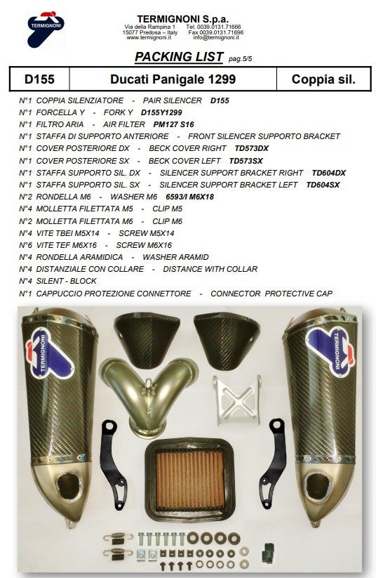 Kit de escape Slip-On Termignoni de carbono para Ducati Panigale 1299/S (15-18) D155102CPT+D155Y2 