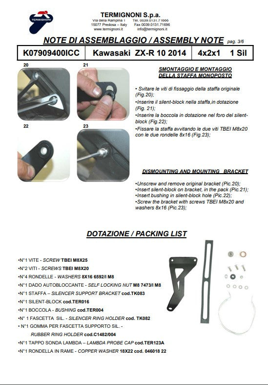 Sistema de escape completo Termignoni de titanio para Kawasaki ZX-10 R/RR (16-20) K08010200TCC 