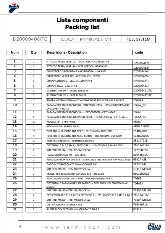 Sistema de escape completo de acero inoxidable Termignoni D200 RHT Ducati Panigale V4/S (18-24) D20009400ITC 