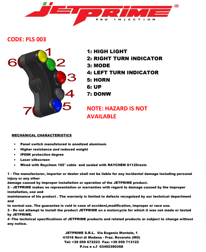 Interruptor de manillar izquierdo JetPrime para Yamaha YZF-R1/M RN32 RN49 (15-19) JP PLS 003 
