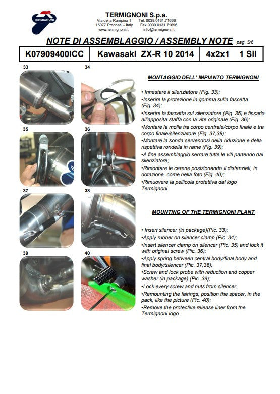 Sistema de escape completo de acero inoxidable Termignoni para Kawasaki ZX-10 R/RR (16-20) K07909400ICC 