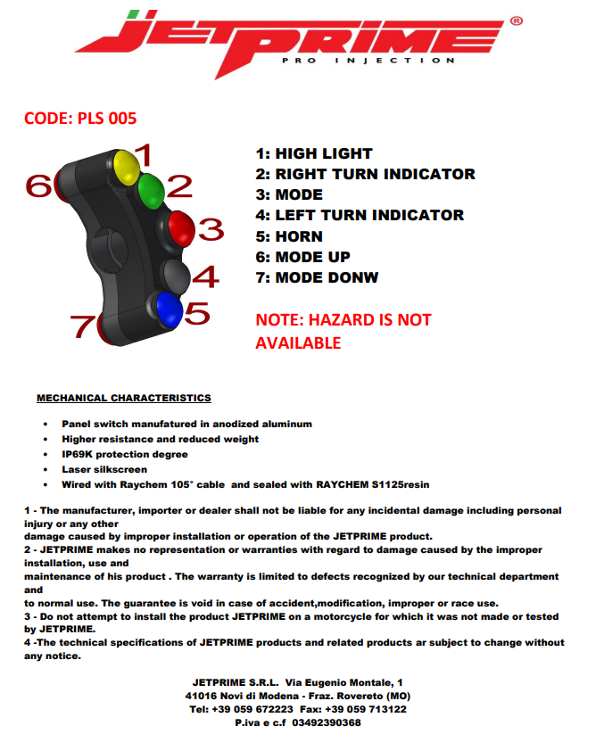 Interruptor de manillar izquierdo JetPrime Ducati Panigale 1199/R/S (12-17) JP PLS 005 