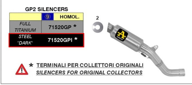 Kit de Escape Arrow Slip-On Dark GP2 Acero Inoxidable Aprilia RSV4/RR/RF (15-16) 71520GPI 
