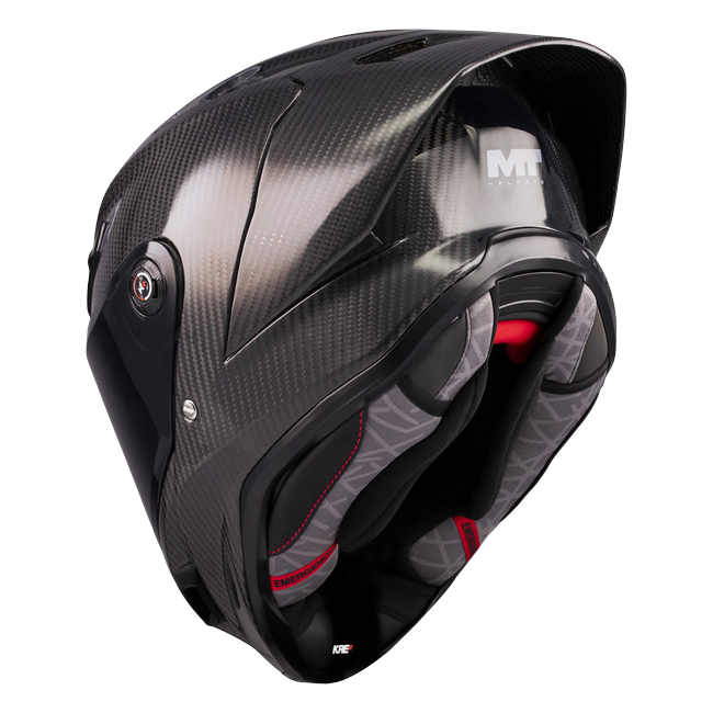 MT-Helmets KRE 2 PLUS Pure A1 Integralhelm in Carbon glänzend — Dreiviertelansicht von hinten mit Innenausstattung