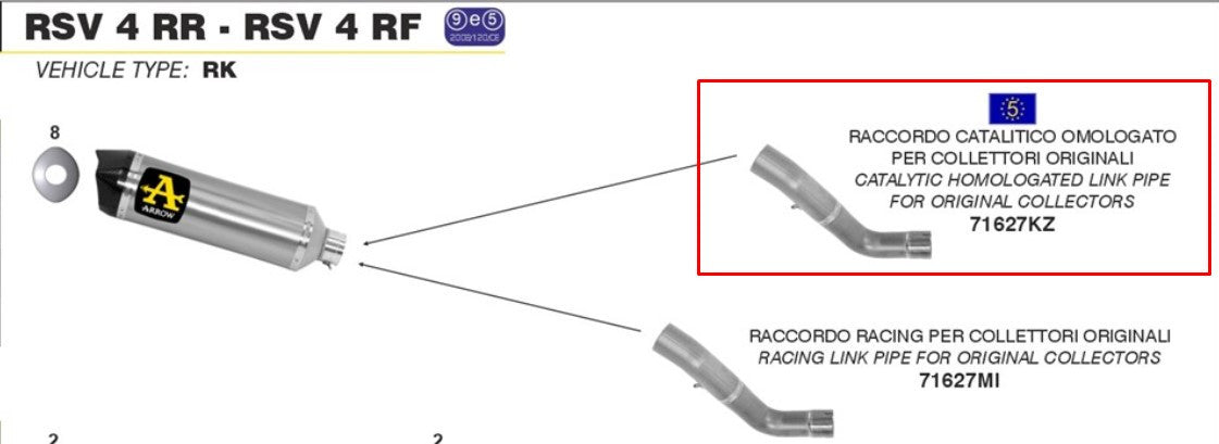 Interconector Arrow con catalizador de acero inoxidable para Aprilia RSV4/RR/RF (15-16) 71627KZ 