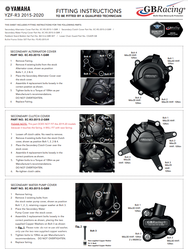 Juego completo de tapa de motor Protectores GBRacing Yamaha YZF-R3 (15-22) 